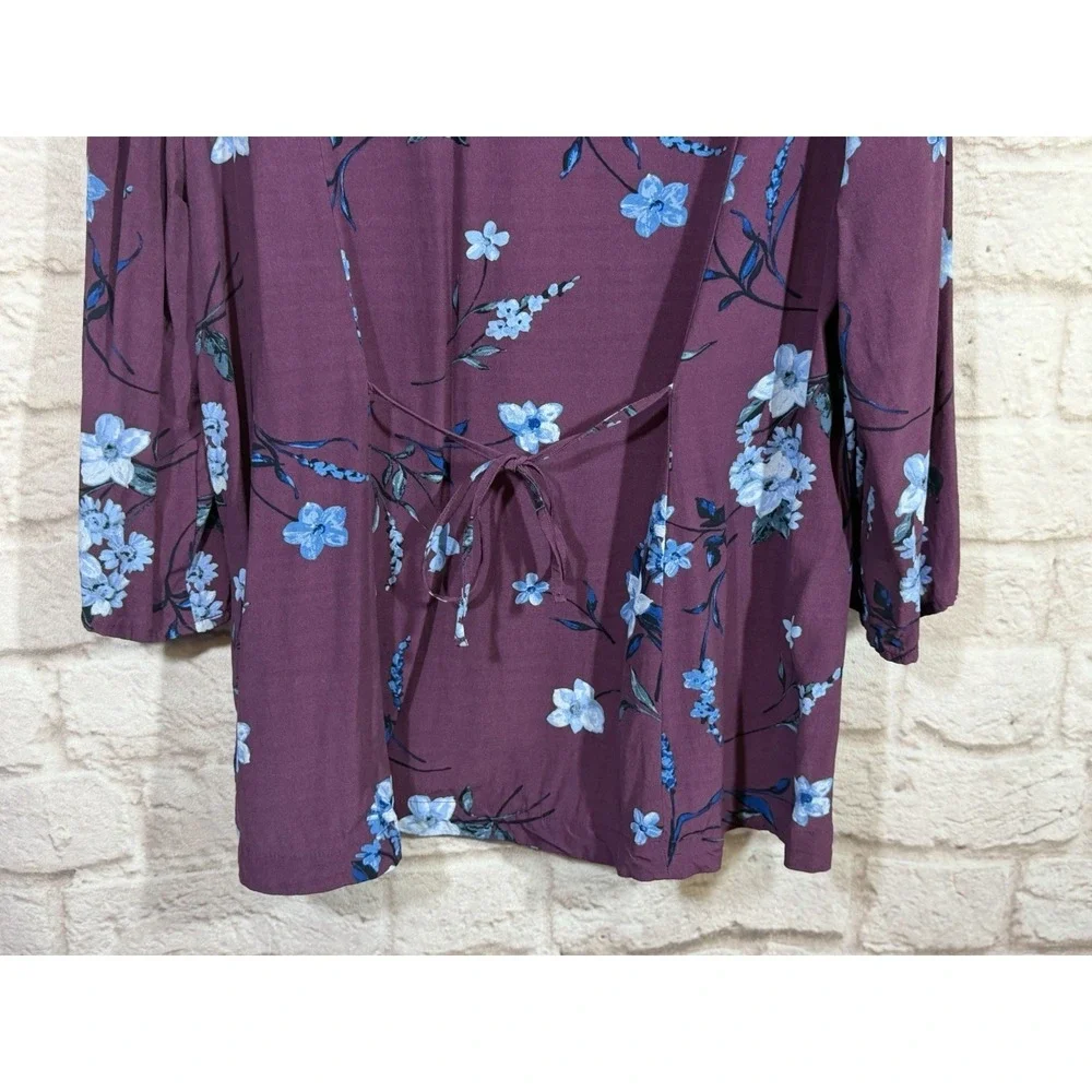 J‎ Jill Blouse Top 1X Purple Floral Rayon Button Up 3/4 Sleeve Back Tie